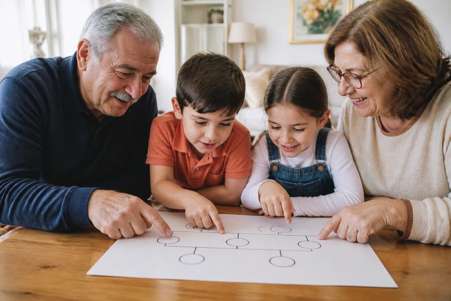 Kâğıt üzerine daireler ve çizgilerle çizilmiş bir aile ağacı