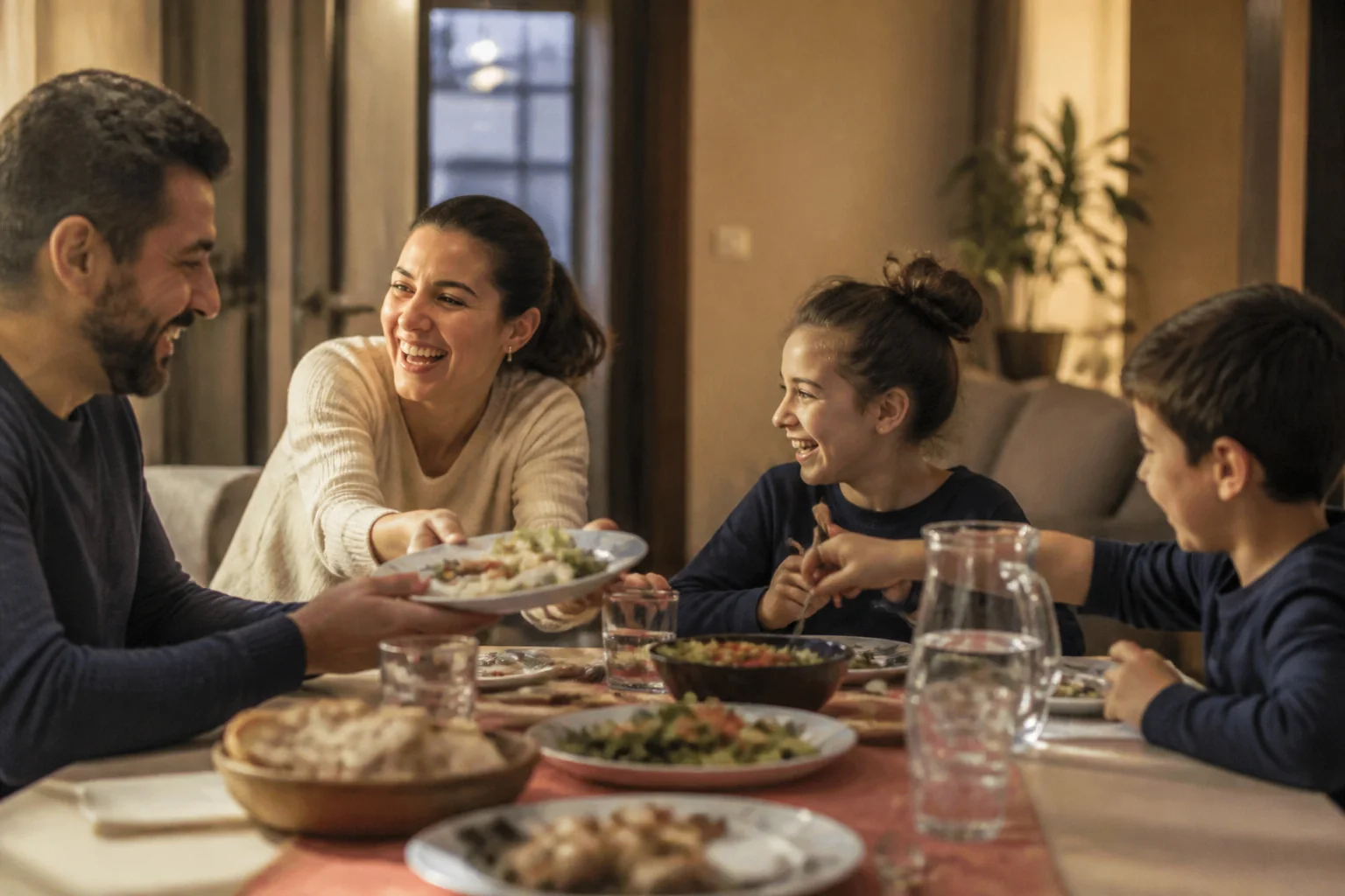 Sıcak bir evde akşam yemeği masasında tabakları birbirine uzatırken birlikte gülen dört kişilik bir aile