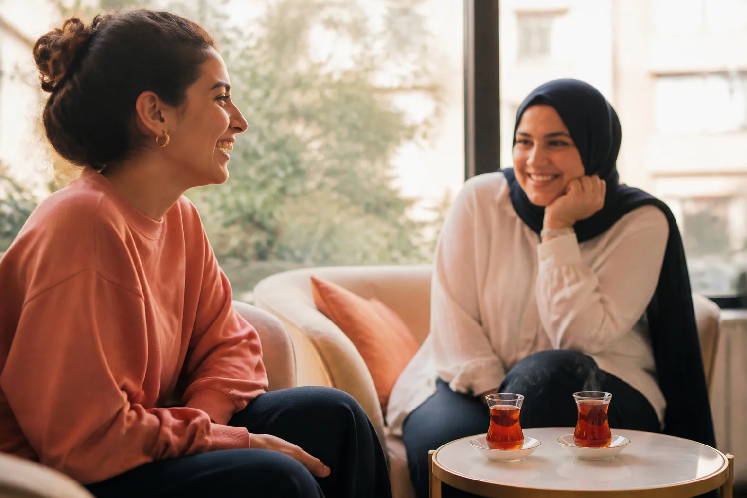 Aydınlık bir bekleme alanında küçük bir masanın üzerinde buharı tüten iki fincan çay
