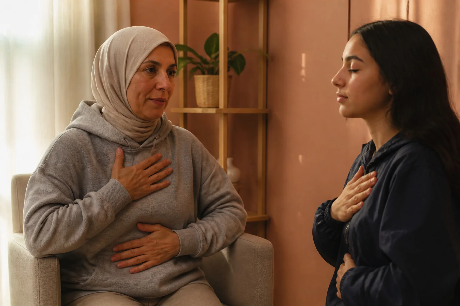 Krem başörtülü, gri kapüşonlu bir psikolog sakin bir odada rüzgârlıklı genç bir kıza sınav öncesi kısa bir gevşeme egzersizi öğretiyor