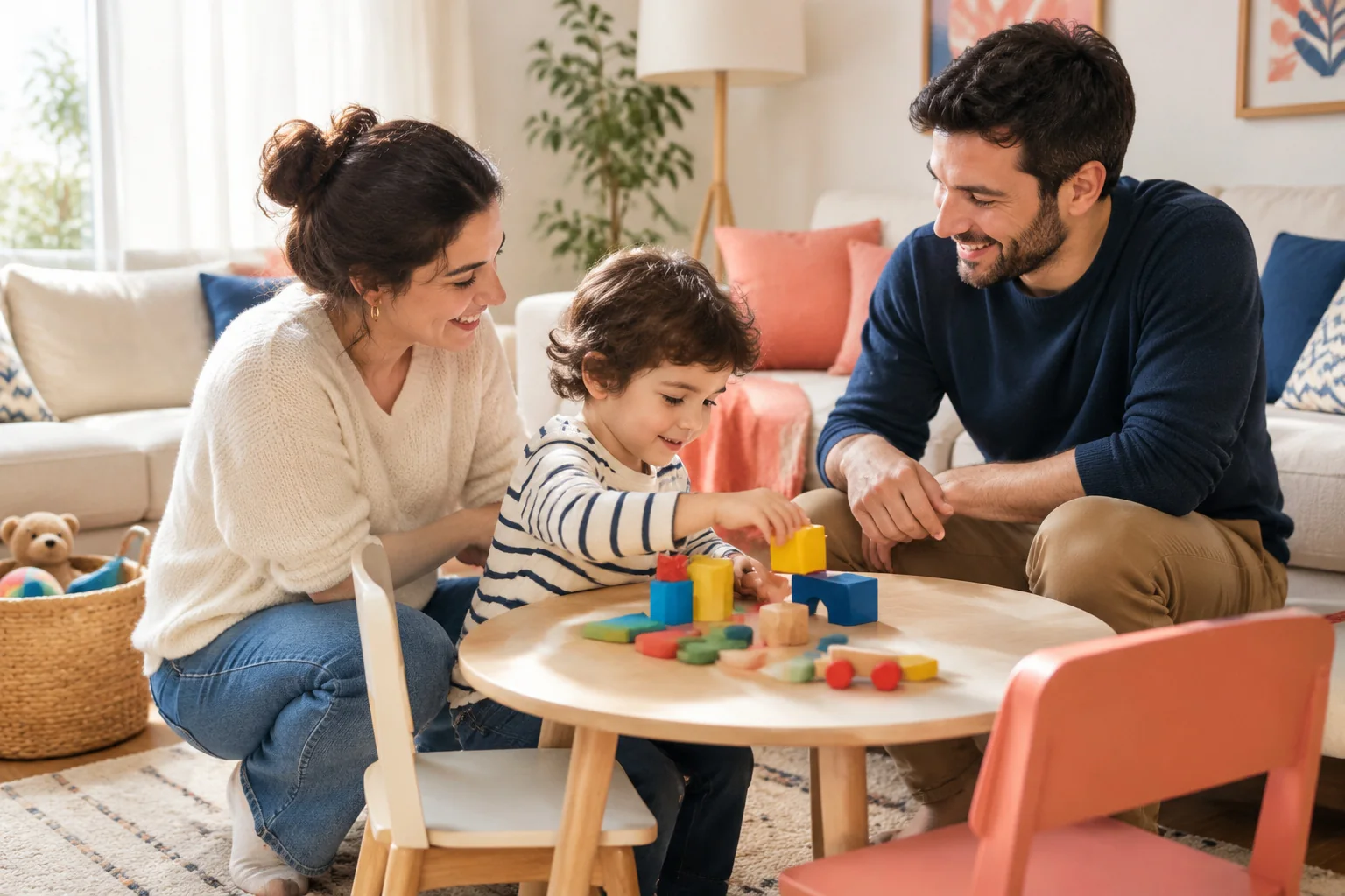 Alçak bir masa, küçük sandalyeler, bir sepet oyuncak ve yetişkinler için bir kanepenin bulunduğu aile dostu bir oda